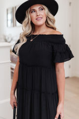 Black Plus Size Smocked Off Shoulder Frill Tiered Maxi Dress PL61518-2