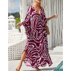 Purplish Red Print Long Kinimo Beachwear TQL310062-32