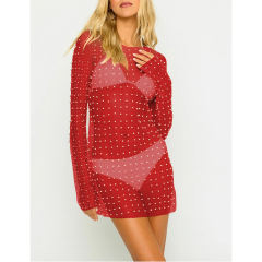 Red Sheer Rhinestone Mesh Long Sleeve Beach Cover TQK311544-3