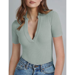 Light Green Ribbed Deep V Neck Short Sleeve Bodysuit TQL550085-28