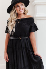 Black Plus Size Smocked Off Shoulder Frill Tiered Maxi Dress PL61518-2