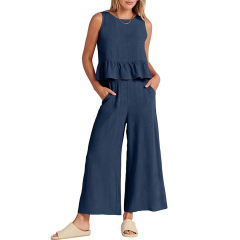 Navy Blue Sleeveless Pleated Tank and Wide Leg Pants set TQL710162-34