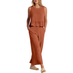 Orange Sleeveless Pleated Tank and Wide Leg Pants set TQL710162-14
