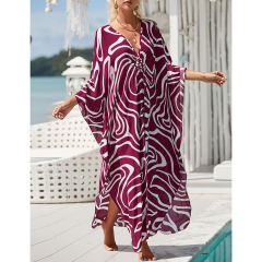 Purplish Red Print Long Kinimo Beachwear TQL310062-32