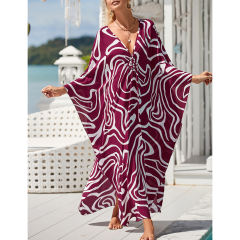 Purplish Red Print Long Kinimo Beachwear TQL310062-32