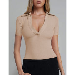 Khaki Ribbed Deep V Neck Short Sleeve Bodysuit TQL550085-21
