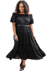 Black Plus Size Smocked Off Shoulder Frill Tiered Maxi Dress PL61518-2