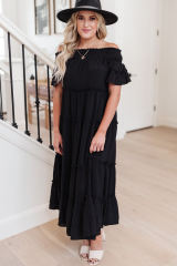 Black Plus Size Smocked Off Shoulder Frill Tiered Maxi Dress PL61518-2