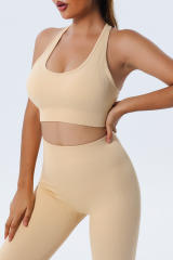 Khaki Ribbed Hollow-out Racerback Yoga Camisole