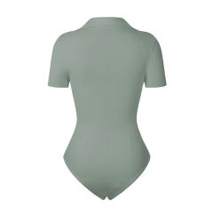 Light Green Ribbed Deep V Neck Short Sleeve Bodysuit TQL550085-28