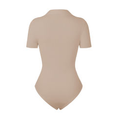 Khaki Ribbed Deep V Neck Short Sleeve Bodysuit TQL550085-21