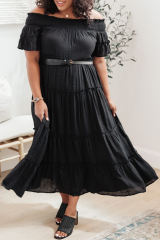 Black Plus Size Smocked Off Shoulder Frill Tiered Maxi Dress PL61518-2