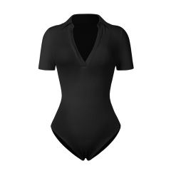Black Ribbed Deep V Neck Short Sleeve Bodysuit TQL550085-2