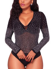 Black Sexy Rhinestone See Through Mesh Bodysuit LC32165-2