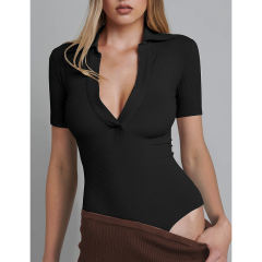 Black Ribbed Deep V Neck Short Sleeve Bodysuit TQL550085-2