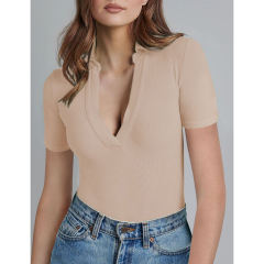 Khaki Ribbed Deep V Neck Short Sleeve Bodysuit TQL550085-21