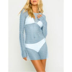 Light Blue Sheer Rhinestone Mesh Long Sleeve Beach Cover TQK311544-30