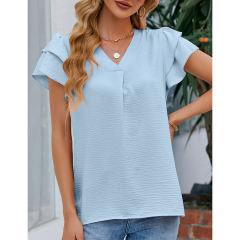 Light blue Chiffon V-neck Ruffled Short Sleeve Top TQG22001-30