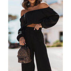Black Off Shoulder Crop and Straight Leg Pant Set TQL710167-2