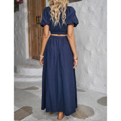 Navy Blue V Neck Crop Top and Pocket Skirt Set TQX711102-34