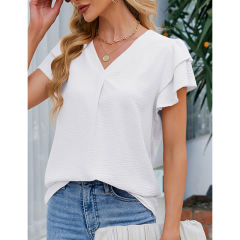 White Chiffon V-neck Ruffled Short Sleeve Top TQG22001-1