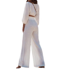 White Off Shoulder Crop and Straight Leg Pant Set TQL710167-1
