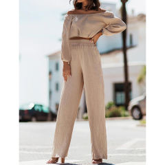 Apricot Off Shoulder Crop and Straight Leg Pant Set TQL710167-18