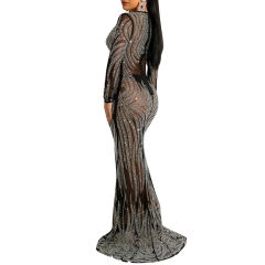 Black Mesh Rhinestone See Through Long Sleeve Maxi Dress TQK311243-2