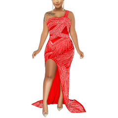 Red Rhinestone High Split Single Sling Dress TQK310857-3