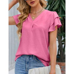 Dark pink Chiffon V-neck Ruffled Short Sleeve Top TQG22001-73