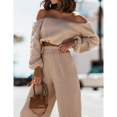 Apricot Off Shoulder Crop and Straight Leg Pant Set TQL710167-18