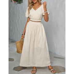 Apricot V Neck Crop Top and Pocket Skirt Set TQX711102-18