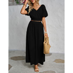 Black V Neck Crop Top and Pocket Skirt Set TQX711102-2