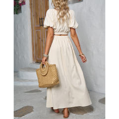 Apricot V Neck Crop Top and Pocket Skirt Set TQX711102-18
