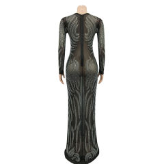 Black Mesh Rhinestone See Through Long Sleeve Maxi Dress TQK311243-2