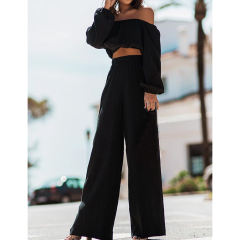 Black Off Shoulder Crop and Straight Leg Pant Set TQL710167-2