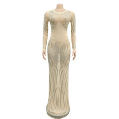 Apricot Mesh Rhinestone See Through Long Sleeve Maxi Dress TQK311243-18