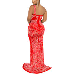 Red Rhinestone High Split Single Sling Dress TQK310857-3