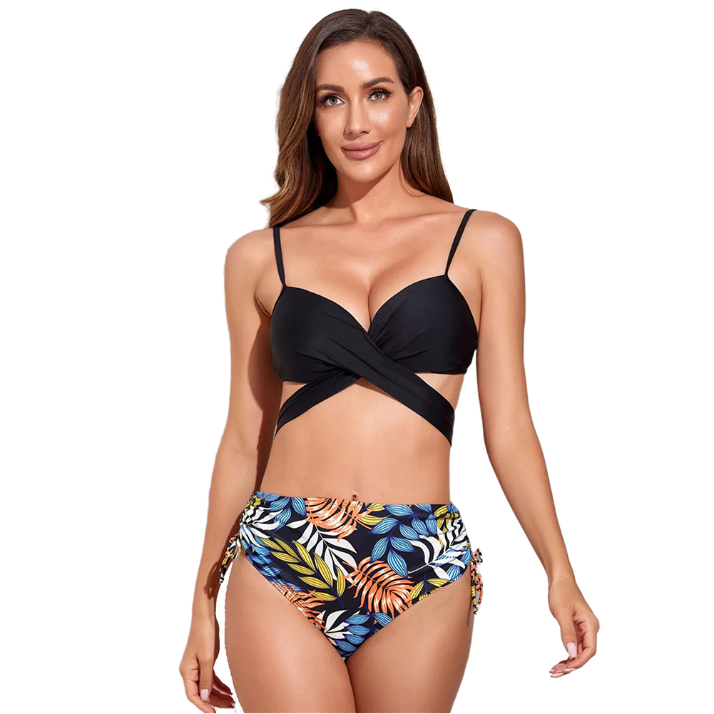 Black Printed Criss Cross High Waist Bikini TQK610295 2