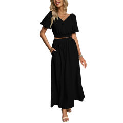 Black V Neck Crop Top and Pocket Skirt Set TQX711102-2