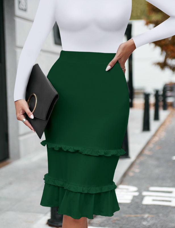 Green High Waist Ruffle Hem Midi Skirt TQG830173-9