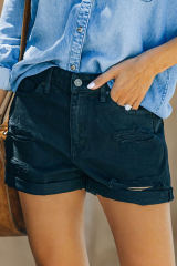 Black Rolled-up High Waist Distressed Denim Shorts LC783774-2