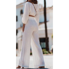 White Off Shoulder Crop and Straight Leg Pant Set TQL710167-1