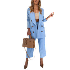 Blue Lapel Collar Double Breasted Blazer with Pant Set TQK710398-5