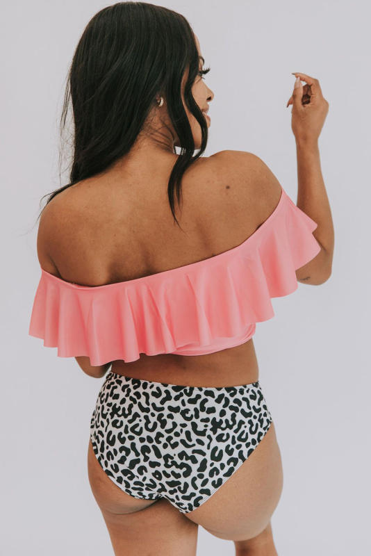 Pink Solid Ruffled Top and Leopard Bottom Bikini Swimsuit LC433047-10