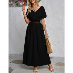 Black V Neck Crop Top and Pocket Skirt Set TQX711102-2