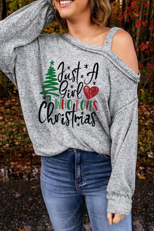 Gray Christmas Graphic Print Cut Out One Shoulder Top