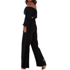 Black Off Shoulder Crop and Straight Leg Pant Set TQL710167-2