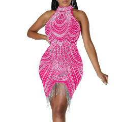 Rosy Halter Rhinestone Tasseled Bodycon Dress TQK311239-6