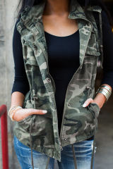 Camouflage Cinched Zipper Snaps Hooded Vest LC853013-9